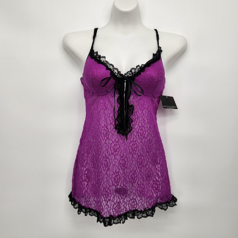 NWT Apostrophe Purple &‎ Black Lace 2PC Baby-doll with G-String Women's M